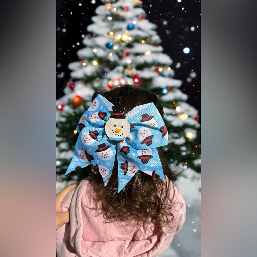Festive Snowman Hair Bow Christmas Holiday Girls Accessories Frosty Blue